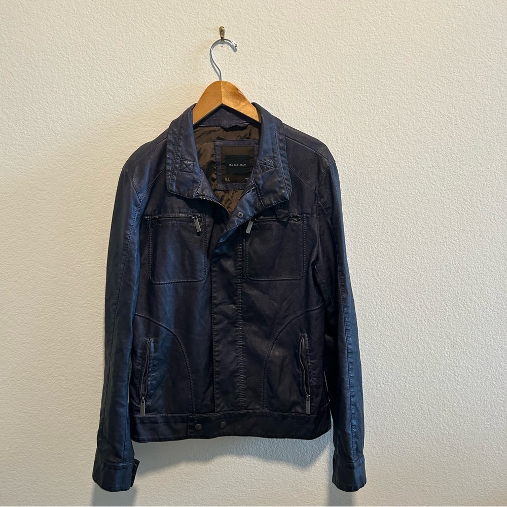 Zara Men's Navy Biker Waxed Leather Biker Jacket